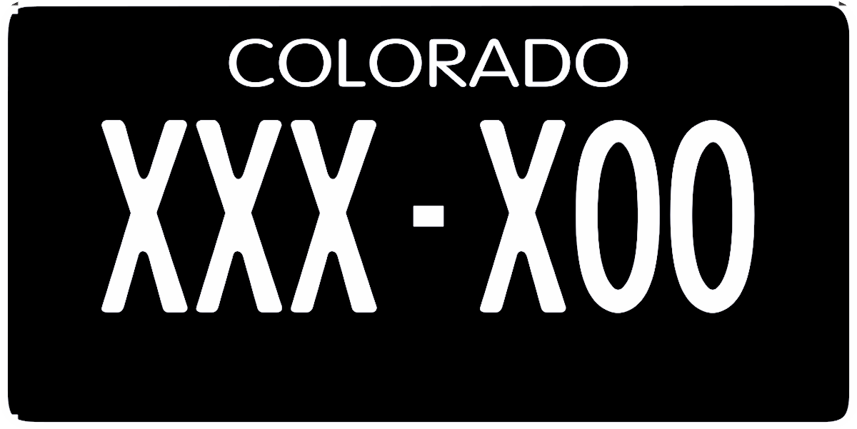 Solid Black license plate with COLORADO at the top and the configuration XXX-X00 in white based on the 1945 Colorado license plate