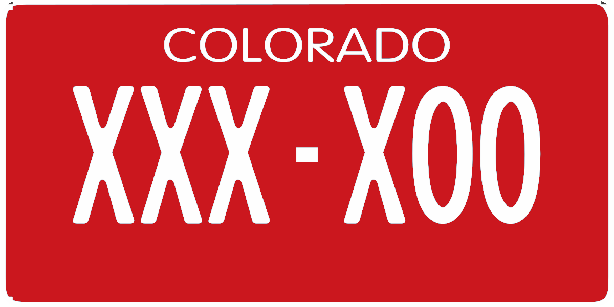 Solid Red license plate with COLORADO at the top and the configuration XXX-X00 in white based on the 1915 Visitor Colorado license plate