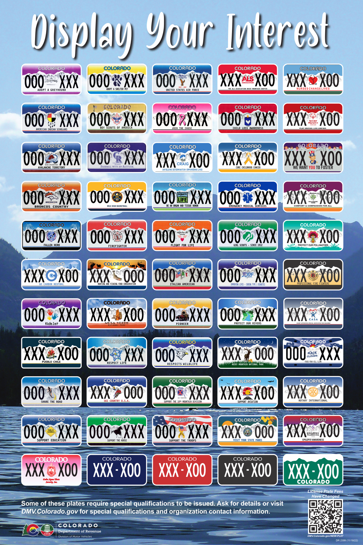 Image of the poster used in county DMV offices showing 55 license plate backgrounds availble for a fee. The bottom row includes the black (1945), red (1915 visitor), and blue (1915) historic backgrounds that benefit the Colorado Disability Funding Committee. 