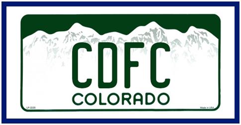 license plate mountains with words CDFC Colorado