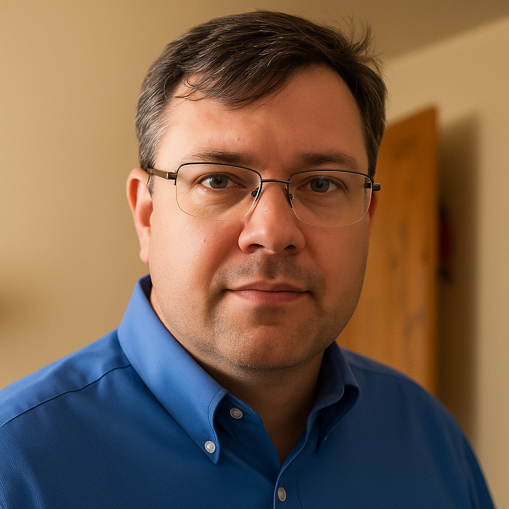 Headshot of Scott Bartlett. He has short brown hair and is wearing eyeglasses and a blue button-up shirt.